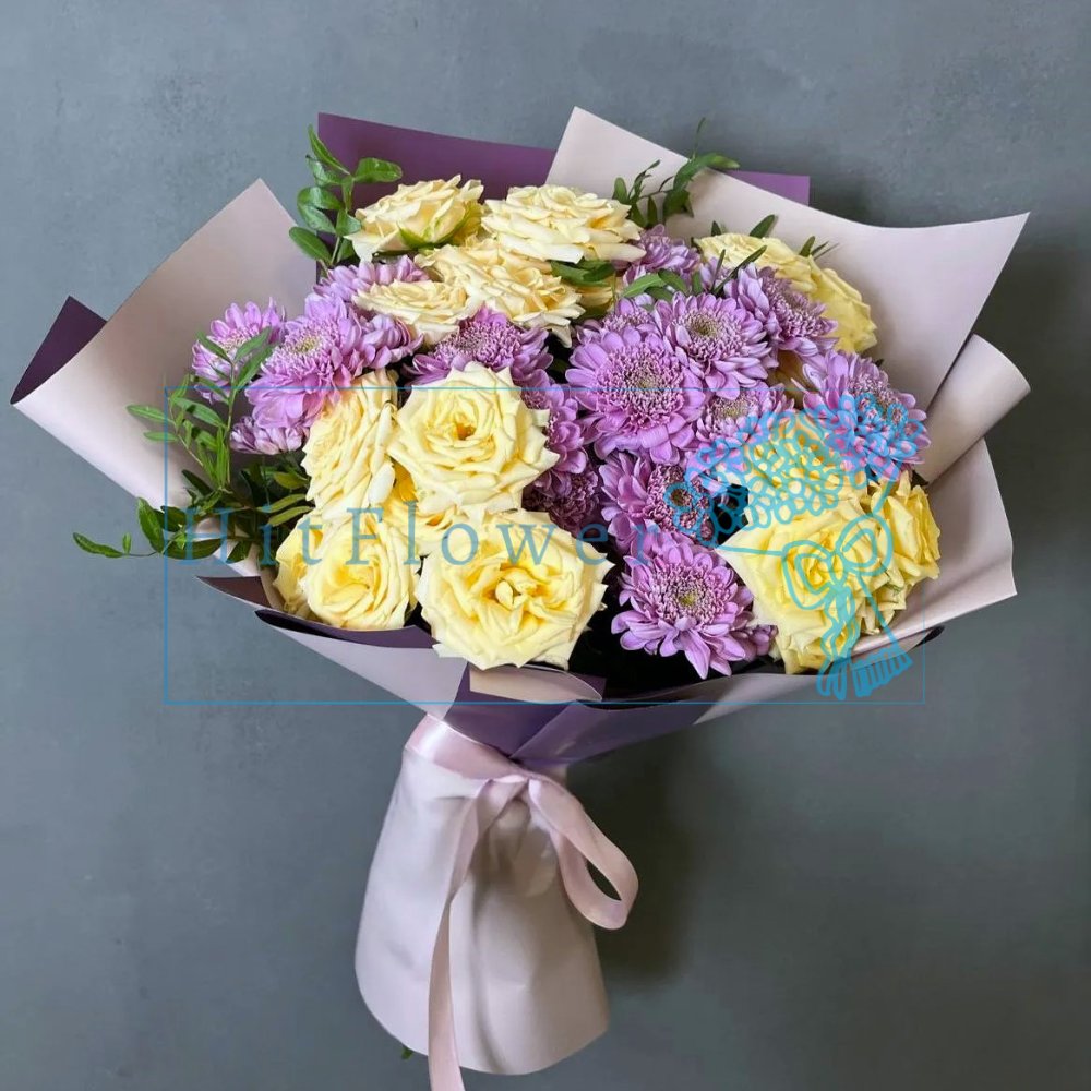 Букет цветов из: Хризантемы и Розы